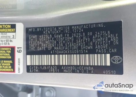 2025 Toyota Camry Le z USA, uszkodzony, nr VIN 4T1DAACKXSU091514